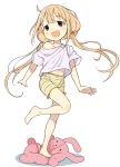  1girl :d bare_legs barefoot bike_shorts blonde_hair brown_eyes commentary_request full_body futaba_anzu idolmaster idolmaster_cinderella_girls long_hair looking_at_viewer low_twintails mirakichi open_mouth shirt simple_background smile solo striped striped_bike_shorts stuffed_animal stuffed_bunny stuffed_toy t-shirt twintails white_background white_shirt 