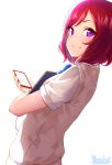  1girl artist_name blue_neckwear bow bowtie cellphone commentary_request eyebrows_visible_through_hair highres holding holding_phone looking_at_viewer looking_back love_live! love_live!_school_idol_project marshall_(wahooo) nishikino_maki phone redhead school_uniform short_sleeves simple_background smartphone smile solo sweater_vest upper_body violet_eyes white_background 