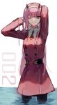  1girl ;) arms_behind_head arms_up bangs belt black_legwear blue_eyes blunt_bangs character_name closed_mouth darling_in_the_franxx double-breasted dress hairband highres horns legs_apart long_hair long_sleeves looking_at_viewer military military_uniform one_eye_closed pantyhose pink_hair red_dress simple_background smile solo standing straight_hair sudale tsurime uniform very_long_hair wading water white_background white_hairband zero_two_(darling_in_the_franxx) 