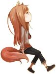  1girl animal_ears arm_support ayakura_juu black_footwear black_pants brown_hair grey_shirt holo invisible_chair long_hair looking_up lowres novel_illustration official_art pants pouch red_eyes shirt shoes simple_background sitting solo spice_and_wolf tail white_background wolf_ears wolf_tail 