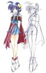  1girl ahoge arms_behind_back azuma_mayumi bare_legs blue_dress blue_eyes blue_hair cape closed_mouth crescent crescent_hair_ornament dress full_body hair_ornament legs_crossed looking_at_viewer miniskirt pointy_ears red_cape rena_lanford scan shirt shoes short_hair sketch skirt smile solo standing star_ocean star_ocean_the_second_story white_footwear white_shirt 
