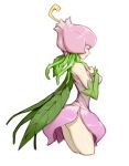  1girl bare_shoulders closed_eyes closed_mouth cowboy_shot cropped_legs detached_sleeves digimon dress from_side hands_on_own_chest hands_up lillymon long_sleeves materclaws pink_dress plant_girl simple_background solo tentacle_hair white_background wings 