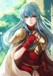  1girl aqua_hair armor armored_dress bangs blue_eyes breastplate cape closed_mouth column day dress eirika fingerless_gloves fire_emblem fire_emblem:_seima_no_kouseki gloves hand_on_own_chest kokouno_oyazi light_particles lips long_hair looking_at_viewer nature outdoors pauldrons pillar red_dress shiny shiny_hair shoulder_armor sidelocks smile solo tree upper_body white_cape 