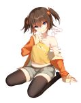  1girl absurdres asymmetrical_docking bison_cangshu blue_eyes bow breast_press brown_hair character_request commentary_request highres looking_at_viewer short_hair shorts solo symmetrical_docking thigh-highs zhan_jian_shao_nyu 