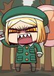  1girl angry april_fools axe blonde_hair chibi fate/grand_order fate_(series) green_hat green_jacket hat holding holding_axe jacket long_sleeves official_art open_mouth paul_bunyan_(fate/grand_order) riyo_(lyomsnpmp) sharp_teeth short_hair solo teeth tree yellow_eyes 