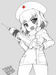  1girl :d alternate_costume artist_name bangs commentary_request cowboy_shot dated dress eyebrows_visible_through_hair fang fujimaru_arikui girls_und_panzer greyscale hat holding holding_needle katyusha long_sleeves looking_at_viewer microdress monochrome nurse nurse_cap open_mouth oversized_object short_hair signature sitting smile solo spot_color star v-shaped_eyebrows 