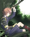  1boy armor boots brown_eyes brown_hair cross-laced_footwear gotou_toushirou in_tree japanese_armor kuronomine lace-up_boots looking_down male_focus military military_uniform necktie profile shorts sitting sode touken_ranbu tree uniform 