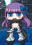  1girl april_fools armored_boots blue_bow blue_eyes blush_stickers boots bow chibi crotch_plate fate/grand_order fate_(series) hair_bow hands_on_hips long_hair meltlilith official_art purple_hair revealing_clothes riyo_(lyomsnpmp) solo very_long_hair 