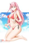  1girl alfred_cullado aqua_eyes bangs bikini breasts closed_mouth collarbone darling_in_the_franxx hair_between_eyes hairband highres horns kneeling large_breasts long_hair looking_at_viewer navel patreon_logo patreon_username pink_hair red_bikini side-tie_bikini smile solo swimsuit under_boob untied untied_bikini untied_bra white_hairband zero_two_(darling_in_the_franxx) 