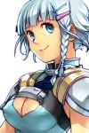  1girl bangs blue_eyes blue_hair blunt_bangs braid breasts cleavage cleavage_cutout closed_mouth hair_ornament hairclip hankuri looking_at_viewer seolla_schweizer short_hair simple_background smile solo spaulders super_robot_wars upper_body white_background 
