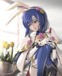  1girl animal_ears blue_eyes blue_hair bunny_girl bunny_tail bunnysuit detached_collar elbow_gloves fake_animal_ears fingerless_gloves fire_emblem fire_emblem:_mystery_of_the_emblem flower gloves gonzarez headband katua pegasus_knight rabbit_ears short_hair solo tail thigh-highs 