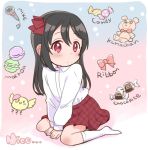  1girl bangs between_legs bird black_hair blush bow candy character_name chick child chocolate commentary_request english expressionless food hair_bow hair_down hand_between_legs izumi_kirifu long_hair long_sleeves love_live! love_live!_school_idol_project macaron maroon_skirt microphone no_shoes pink_bow plaid plaid_skirt red_bow red_eyes red_skirt shirt shirt_tucked_in sitting skirt socks solo stuffed_animal stuffed_toy teddy_bear unmoving_pattern wariza white_legwear white_shirt yazawa_nico younger 
