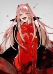  1girl aqua_eyes black_cape blood blood_on_face bodysuit breasts cape darling_in_the_franxx fangs feet_out_of_frame gradient gradient_background hairband hiiragi_mina horns long_hair looking_at_viewer medium_breasts open_mouth pilot_suit pink_hair simple_background skin_tight solo white_hairband zero_two_(darling_in_the_franxx) 