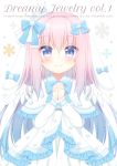  1girl animal_ears artist_name bangs blue_bow blue_eyes blush bow capelet closed_mouth commentary_request crescent dress ears_down eyebrows_visible_through_hair feathered_wings fur-trimmed_capelet fur_trim hair_between_eyes hair_bow hands_clasped himetsuki_luna looking_at_viewer mini_wings original own_hands_together rabbit_ears smile solo white_background white_capelet white_dress white_wings wings 