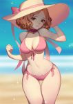  1girl absurdres arm_up bangs beach bikini blurry blush breasts brown_eyes brown_hair choker cleavage curvy depth_of_field front-tie_bikini front-tie_top gluteal_fold hat hat_ribbon highres horizon large_breasts looking_at_viewer navel okumura_haru outdoors paid_reward parted_bangs patreon_reward persona persona_5 pink_bikini ribbon short_hair side-tie_bikini smile solo songjikyo sparkle sun_hat swimsuit thigh_gap thighs wide_hips 