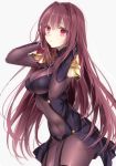  1girl :0 bodysuit breasts covered_navel fate/grand_order fate_(series) hair_intakes highres long_hair looking_at_viewer medium_breasts pauldrons purple_bodysuit purple_hair red_eyes scathach_(fate/grand_order) shoulder_armor sino_(sionori) very_long_hair white_background 
