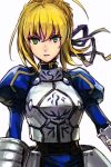  1girl ahoge armor armored_dress artoria_pendragon_(all) blonde_hair blue_dress blue_ribbon braid breastplate commentary_request dress fate/stay_night fate_(series) faulds gauntlets green_eyes hair_bun hair_ribbon hankuri juliet_sleeves long_sleeves parted_lips puffy_sleeves ribbon saber simple_background solo upper_body white_background 