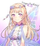  1girl bang_dream! bangs bare_shoulders blonde_hair blue_flower closed_mouth commentary_request dated dress eyebrows_visible_through_hair fairy_wings flower hair_flower hair_ornament happy_birthday long_hair looking_at_viewer pink_eyes see-through shirasagi_chisato sleeveless sleeveless_dress smile solo sparkle tiny_(tini3030) white_background white_dress wings 