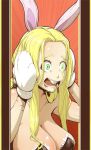  1girl animal_ears blonde_hair breasts buck_teeth commentary emphasis_lines english_commentary gloves hands_up large_breasts leotard long_hair materclaws open_mouth original rabbit_ears scar scared solo sweatdrop upper_body white_gloves wide-eyed 