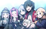  1boy 5girls :d abigail_williams_(fate/grand_order) absurdres arm_hug bandage bandaged_arm bandaged_hands bangs black_bow black_gloves black_hair black_jacket black_pants blonde_hair blue_eyes blue_gloves blue_jacket blush bow brown_gloves brown_jacket caster_lily closed_eyes closed_mouth collarbone commentary_request eyebrows_visible_through_hair fang fate/grand_order fate_(series) frilled_hairband fujimaru_ritsuka_(male) fur-trimmed_jacket fur-trimmed_sleeves fur_trim gloves hair_between_eyes hair_bow hawaiian_shirt highres holding_mug jack_the_ripper_(fate/apocrypha) jacket long_hair lying medusa_(lancer)_(fate) multiple_girls nose_blush on_back open_clothes open_mouth open_shirt orange_bow outdoors pants parted_bangs parted_lips pointy_ears purple_hair red_shirt ribbon-trimmed_hairband ribbon_trim rider scar scar_across_eye shirt silver_hair smile snowing steam stheno wada_kazu white_gloves white_jacket 