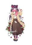  1girl :d absurdres beige_coat black_hair black_skirt bow double_bun duffel_coat flower full_body fur-trimmed_footwear hair_between_eyes hair_bow hand_up highres long_hair long_skirt open_mouth original petals pink_scarf pleated_skirt pom_pom_(clothes) red_bow red_flower red_legwear sample scarf skirt smile socks solo striped striped_scarf violet_eyes waving white_background yuzhi 