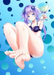  1girl ashita_no_sakuya ass bare_legs bare_shoulders bikini blue_background blue_eyes braid breasts commentary commentary_request cup drinking_glass feet full_body holding holding_drinking_glass long_hair medium_breasts neptune_(series) polka_dot polka_dot_background power_symbol purple_bikini purple_hair purple_heart smile solo swimsuit symbol-shaped_pupils twin_braids twintails very_long_hair 