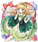  1girl :d balloon bangs blonde_hair bow bowtie cleavage_cutout clenched_hands dress flower frilled_dress frills gloves green_bow green_dress green_eyes green_neckwear hair_bow hairband hand_on_own_cheek highres lemon_print lolita_fashion lolita_hairband long_hair looking_at_viewer one_side_up open_mouth original print_dress red_ribbon ribbon rose short_sleeves sigi smile solo streamers white_gloves 