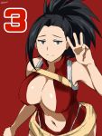  1girl black_hair boku_no_hero_academia breasts cafekun center_opening large_breasts looking_at_viewer navel ponytail smile v yaoyorozu_momo 