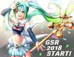  1girl 2018 detached_sleeves eyebrows_visible_through_hair floating_hair goodsmile_racing green_eyes green_hair hatsune_miku highres long_hair navel open_mouth pleated_skirt racing_miku rukinya_(nyanko_mogumogu) skirt solo twintails very_long_hair vocaloid 