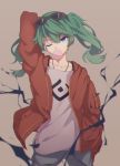  1girl arm_up blue_eyes bubble_blowing chewing_gum eyebrows_visible_through_hair eyewear_on_head green_hair hatsune_miku head_tilt highres jacket jewelry kicchan looking_at_viewer necklace one_eye_closed solo suna_no_wakusei_(vocaloid) twintails vocaloid 