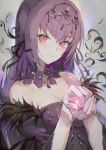  1girl bangs bare_shoulders caster_(lostbelt) closed_mouth cupping_hands dress eyebrows_visible_through_hair fate/grand_order fate_(series) hair_between_eyes headpiece highres hong jewelry long_hair looking_at_viewer purple_dress purple_hair red_eyes sketch smile solo tiara upper_body 