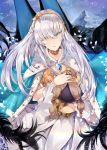  1girl absurdres anastasia_nikolaevna_romanova_(fate) bangs blue_eyes cape crossed_bangs doll dress eyebrows_visible_through_hair fate/grand_order fate_(series) hair_between_eyes hair_over_one_eye hairband highres holding holding_doll jewelry long_hair looking_at_viewer royal_robe silver_hair snow snowing solo tuxedo_de_cat very_long_hair winter 