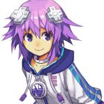  1girl bangs choujigen_game_neptune closed_mouth collar commentary_request d-pad d-pad_hair_ornament hair_ornament hankuri hood hood_down hoodie looking_at_viewer neptune_(choujigen_game_neptune) neptune_(series) purple_hair short_hair simple_background smile solo upper_body violet_eyes white_background 