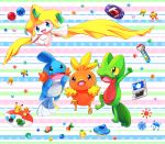  aqua_eyes berry blue_eyes commentary commentary_request creature game_boy_advance gen_1_pokemon gen_3_pokemon handheld_game_console jirachi lai_(pixiv1814979) leppa_berry medal mudkip multicolored multicolored_background nintendo_ds no_humans oran_berry orb pecha_berry pink_eyes pokeblock pokeblock_case pokemon pokemon_(creature) rawst_berry sitrus_berry striped striped_background torchic treecko umbrella water yellow_sclera 