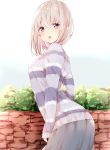  1girl :o arched_back bangs blue_eyes blush crossed_bangs day from_side grey_skirt highres looking_at_viewer manatsuki_manata original outdoors sidelocks silver_hair skirt sleeves_past_wrists solo striped striped_sweater sweater tareme teeth 