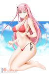  1girl alfred_cullado aqua_eyes bangs bikini breasts closed_mouth collarbone darling_in_the_franxx hair_between_eyes hairband highres horns kneeling large_breasts long_hair looking_at_viewer navel patreon_logo patreon_username pink_hair red_bikini side-tie_bikini smile solo swimsuit under_boob white_hairband zero_two_(darling_in_the_franxx) 