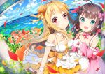  2girls :d ahoge apron armband bangs black_hair blonde_hair bow bowtie commentary_request detached_collar detached_sleeves dress frills hair_bow hat hat_ribbon highres house looking_at_viewer mini_hat multiple_girls neck_ribbon ocean open_mouth orange_hat orange_neckwear orange_ribbon original petals pink_bow pink_dress pink_neckwear red_eyes ribbon ribbon_trim sash smile steepled_fingers striped striped_neckwear striped_ribbon torokeru_none waist_apron wristband 