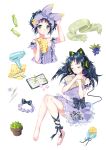  1girl absurdres bangs barefoot black_bow black_ribbon blue_hair blueberry blush book bow candy cat_ear_headphones closed_eyes dress eraser food fruit green_scarf hair_dryer hair_ornament hairband headphones highres holding holding_book leg_ribbon long_hair mechanical_pencil multiple_views open_book original pencil plant potted_plant purple_bow purple_dress purple_hairband ribbon scarf scrunchie_removed simple_background towel white_background yuzhi 