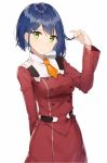  1girl arm_up bangs blue_hair blush breasts closed_mouth commentary_request cosplay darling_in_the_franxx dress eyebrows_visible_through_hair fingernails green_eyes ichigo_(darling_in_the_franxx) long_sleeves looking_at_viewer medium_breasts necktie orange_neckwear red_dress rikoma short_hair short_necktie simple_background smile solo white_background zero_two_(darling_in_the_franxx) zero_two_(darling_in_the_franxx)_(cosplay) 