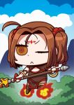 1girl :&lt; ahoge april_fools blue_sky bracelet brown_eyes brown_hair chibi china_dress chinese_clothes clouds dress facial_mark fate/grand_order fate_(series) fire flying forehead_mark highres holding holding_spear holding_weapon jewelry medium_hair mountain nezha_(fate/grand_order) official_art one_eye_closed polearm riyo_(lyomsnpmp) sky solo spear tree twintails weapon 