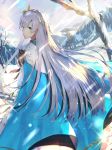  1girl akamizuki_(akmzk) anastasia_(fate/grand_order) bangs blue_eyes blunt_bangs blush cape eyebrows_visible_through_hair fate/grand_order fate_(series) from_behind hair_over_one_eye long_hair looking_at_viewer looking_back snow solo very_long_hair 