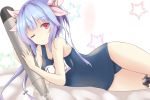  1girl ;o bare_shoulders blue_hair breasts eyebrows_visible_through_hair hair_ribbon holding holding_torpedo i-19_(kantai_collection) kantai_collection kyo1996329 long_hair looking_at_viewer lying medium_breasts name_tag on_bed on_side one_eye_closed red_eyes ribbon school_swimsuit solo swimsuit torpedo tri_tails 