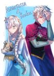  1boy 1girl anastasia_(fate/grand_order) anastasia_(idolmaster) anna_(frozen) anna_(frozen)_(cosplay) blue_eyes braid cape capelet cosplay crossdressinging doll dress elsa_(frozen) elsa_(frozen)_(cosplay) facepalm fate/grand_order fate_(series) frozen_(disney) grey_hair headband highres huamuan_huamuan kadoc_zemlupus long_hair power_connection very_long_hair white_hair 