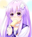  1girl blush collarbone d-pad d-pad_hair_ornament doria_(5073726) dress eating food hair_ornament holding holding_food long_hair looking_at_viewer nepgear neptune_(series) popsicle purple_hair sailor_dress solo upper_body violet_eyes 