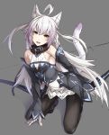  1girl ahoge animal_ears atalanta_(fate) bare_shoulders black_legwear cat_ears cat_tail choker commentary_request detached_sleeves dress fate/apocrypha fate_(series) gloves grey_background highres kneeling lavender_hair long_hair looking_at_viewer multicolored_hair pantyhose simple_background solo tail takanashi_kei_(hitsujikan) two-tone_hair white_hair 