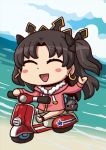 1girl animal april_fools beach black_hair blush_stickers boar chibi closed_eyes clouds earrings fate/grand_order fate_(series) ground_vehicle gugalanna happy ishtar_(fate/grand_order) ishtar_(swimsuit_rider)_(fate) jewelry long_hair motor_vehicle official_art riyo_(lyomsnpmp) scooter solo swimsuit tiara tohsaka_rin two_side_up water 