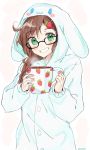  1girl artist_name black-framed_eyewear blush brown_hair commentary commission cup english_commentary eyebrows_visible_through_hair glasses green_eyes grin hair_ornament hairclip highres holding mochii original pajamas semi-rimless_eyewear signature smile solo under-rim_eyewear 