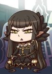  1girl absurdly_long_hair april_fools black_dress brown_hair chibi detached_sleeves dress fate/grand_order fate_(series) long_hair official_art open_mouth pointy_ears riyo_(lyomsnpmp) semiramis_(fate) sidelocks solo triangle_mouth v-shaped_eyebrows very_long_hair yellow_eyes 