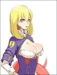  1girl black_border blonde_hair border breasts cleavage_cutout collared_shirt commentary english_commentary eyeshadow icti_(materclaws) jacket lamia large_breasts looking_at_viewer makeup materclaws medium_hair monster_girl original parted_lips scales shirt simple_background solo upper_body violet_eyes white_background white_shirt wing_collar 