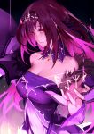 1girl absurdres bangs bare_shoulders breasts caster_(lostbelt) cleavage closed_mouth commentary dress fate/grand_order fate_(series) half-closed_eyes hand_up headpiece highres large_breasts long_hair looking_at_viewer purple_dress purple_hair red_eyes reroi revision sidelocks smile solo 